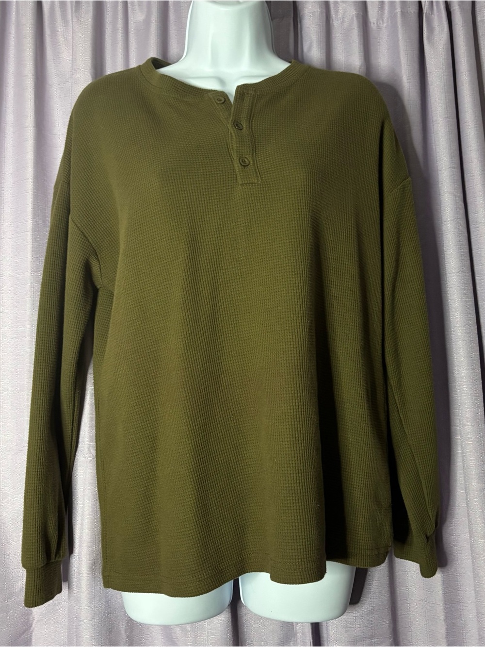 Men's Olive Waffle-Knit Crewneck Henley Sweater